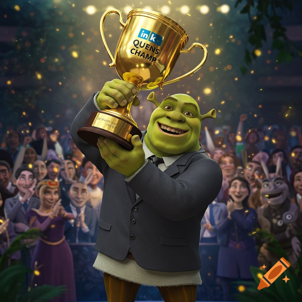 Shrek in a suit holds a gold trophy aloft to a cheering crowd.