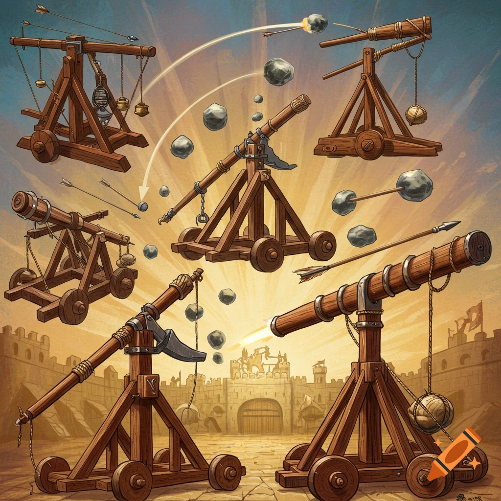 Multiple siege weapons are firing rocks and arrows at a castle wall.