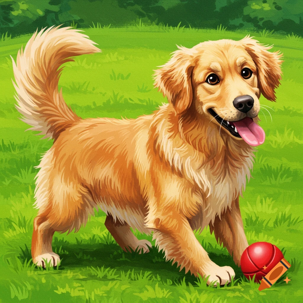 A golden retriever playing with a red ball in a grassy park.