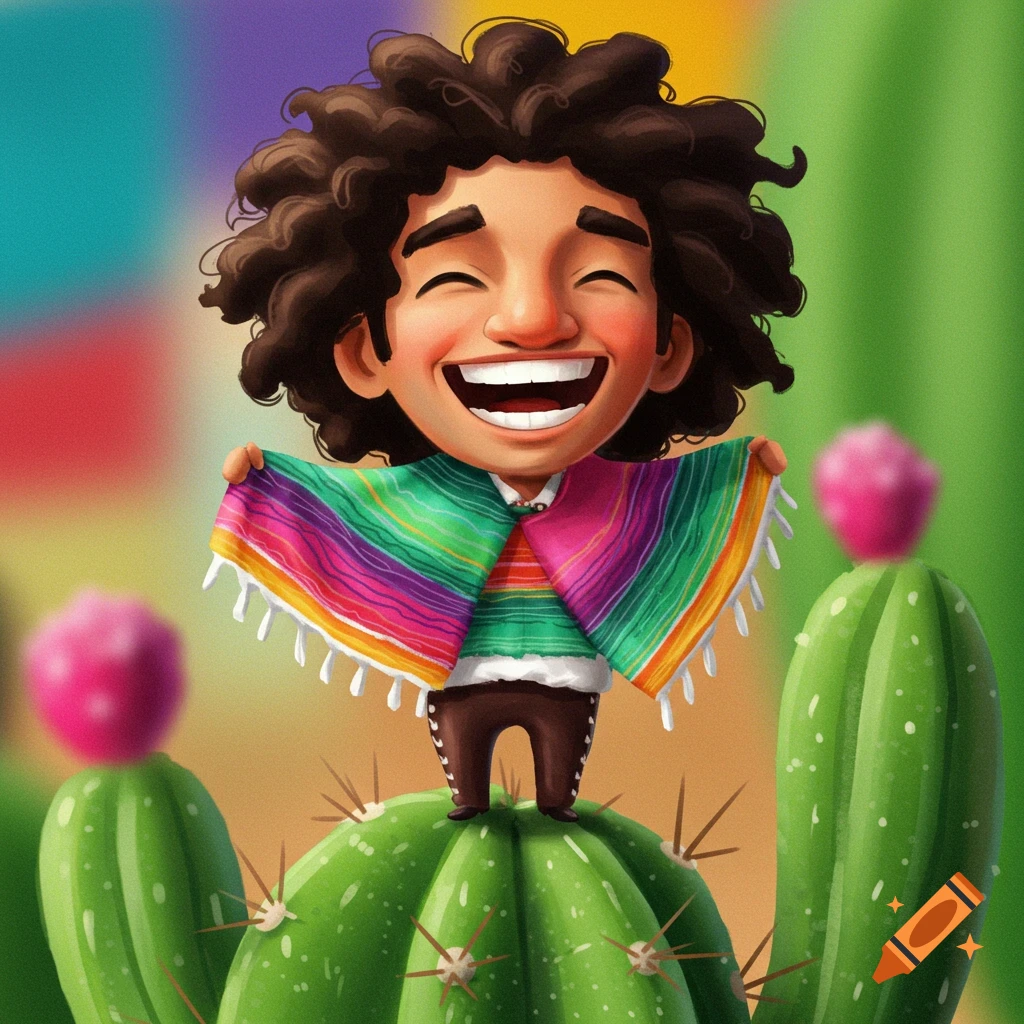 Cartoon character in a striped poncho standing on a cactus