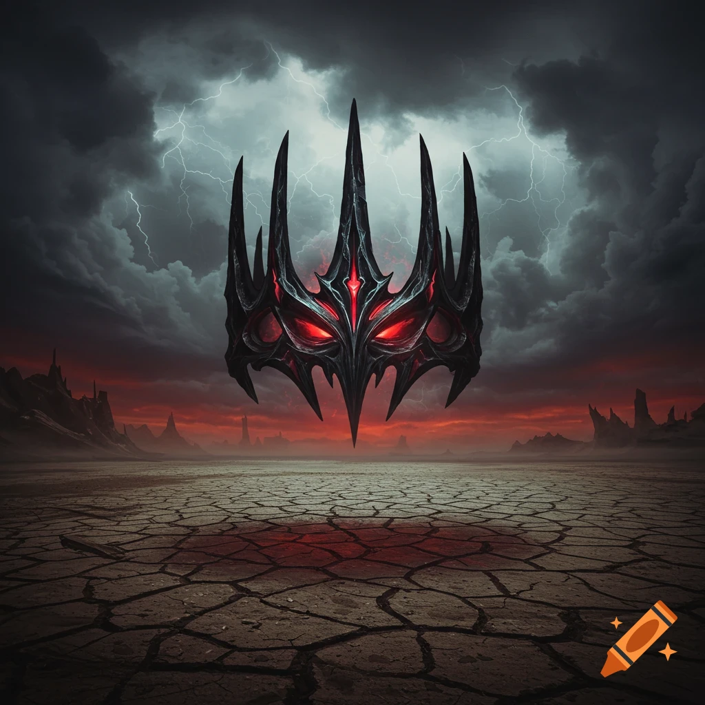 A dark fantasy evil crown with red eyes hovers over a cracked wasteland under storm clouds and lightning.