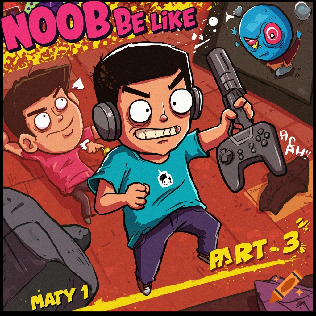 Comic book style of two cartoon characters playing a video game with the text 'NOOB BE LIKE PART 3'.