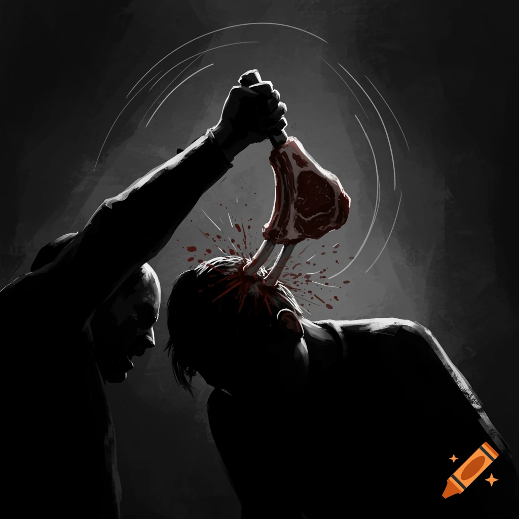 Silhouette of one person striking another on the head with a lamb chop, with blood spatter.