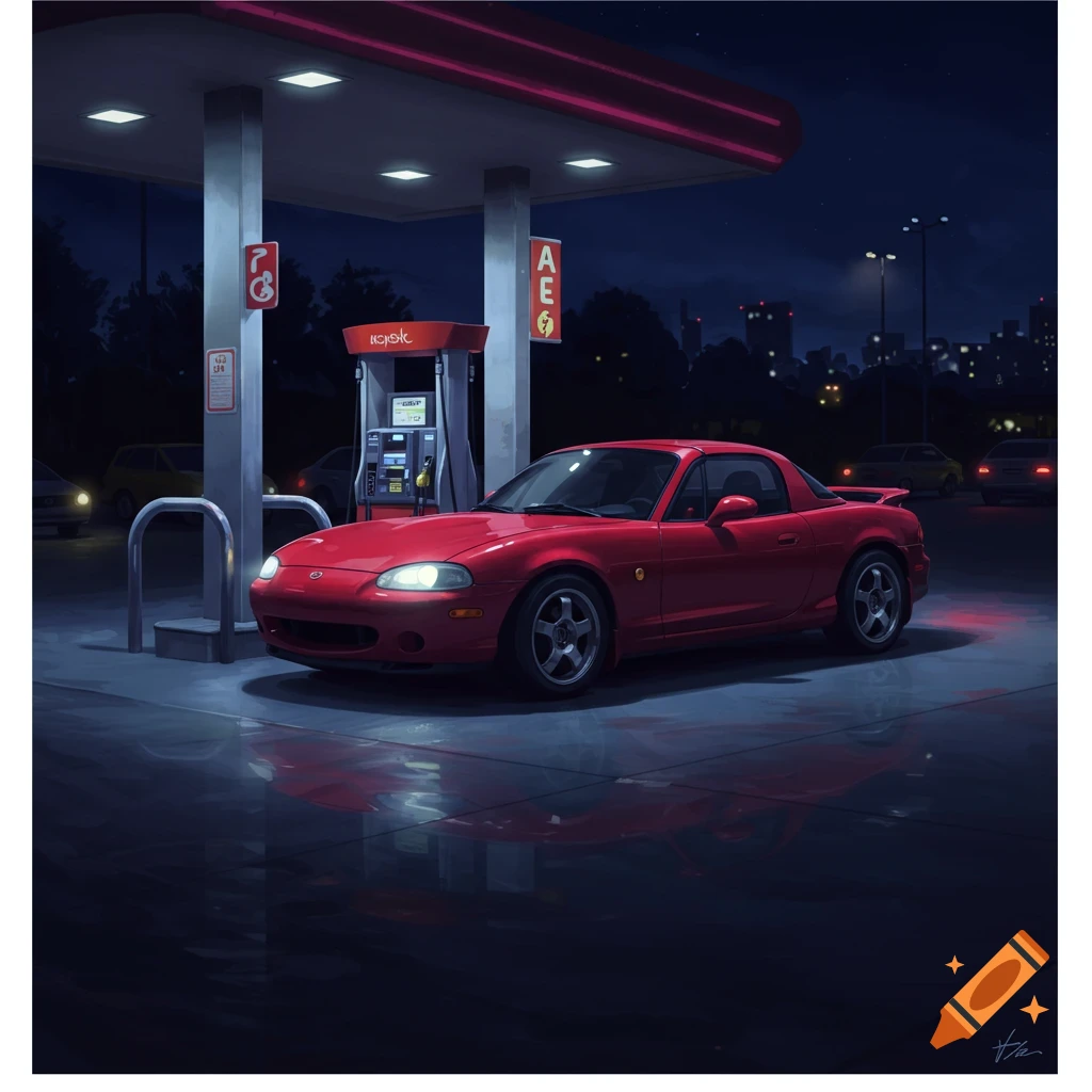A red Mazda Miata is parked at a gas station at night.