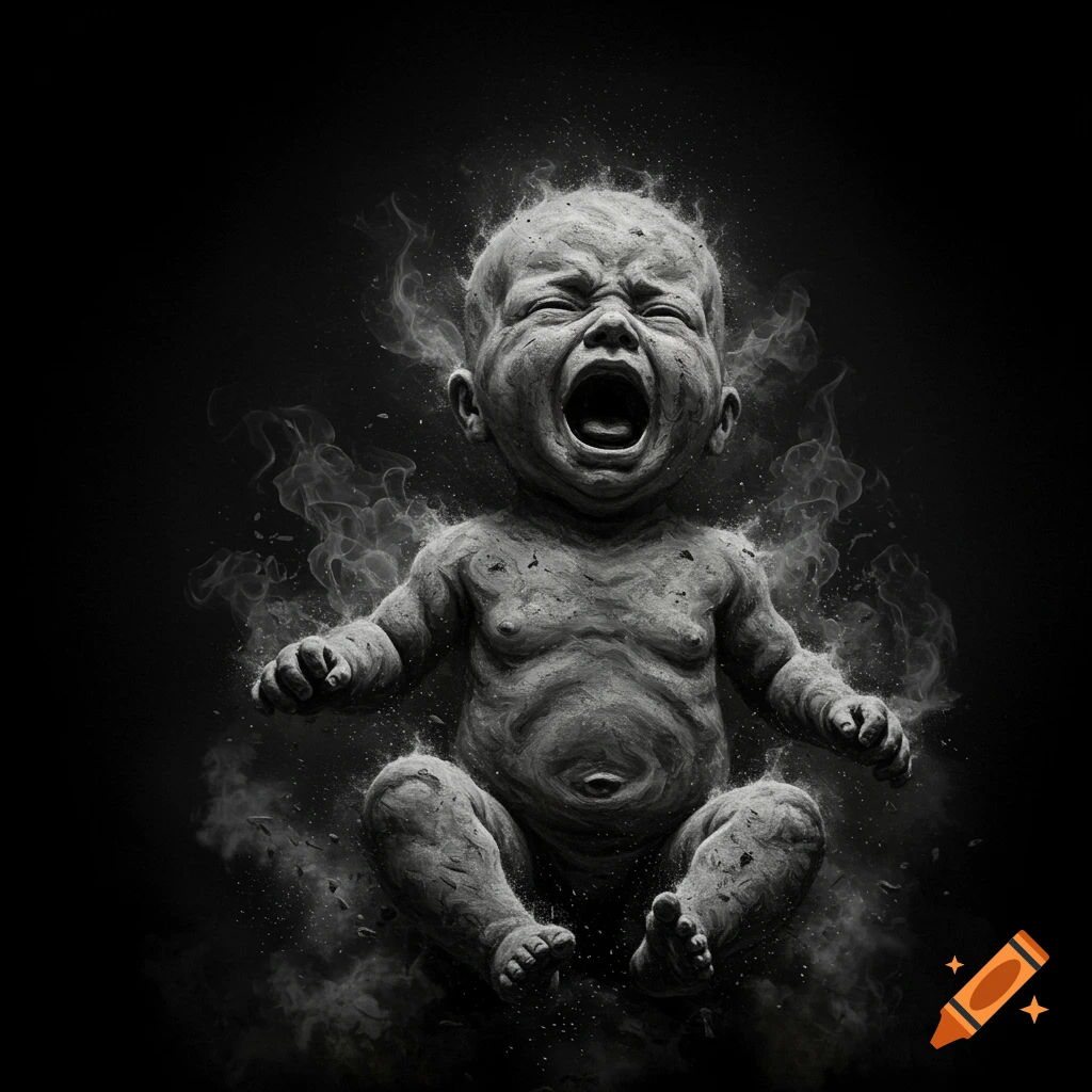 A screaming baby made of swirling ash and smoke on a black background.