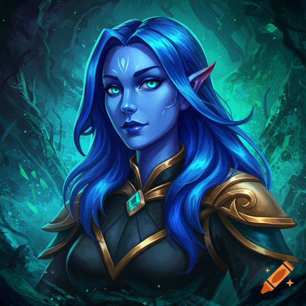 A blue-skinned fantasy woman with blue hair, pointy ears, glowing eyes, and gold and black armor in a dark forest.