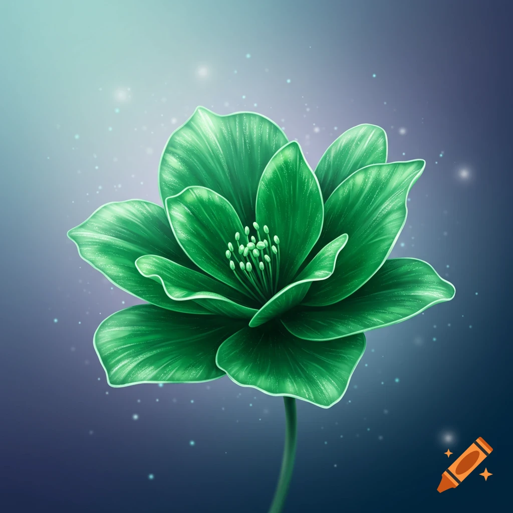 A vibrant green flower on a dark background with light effects.