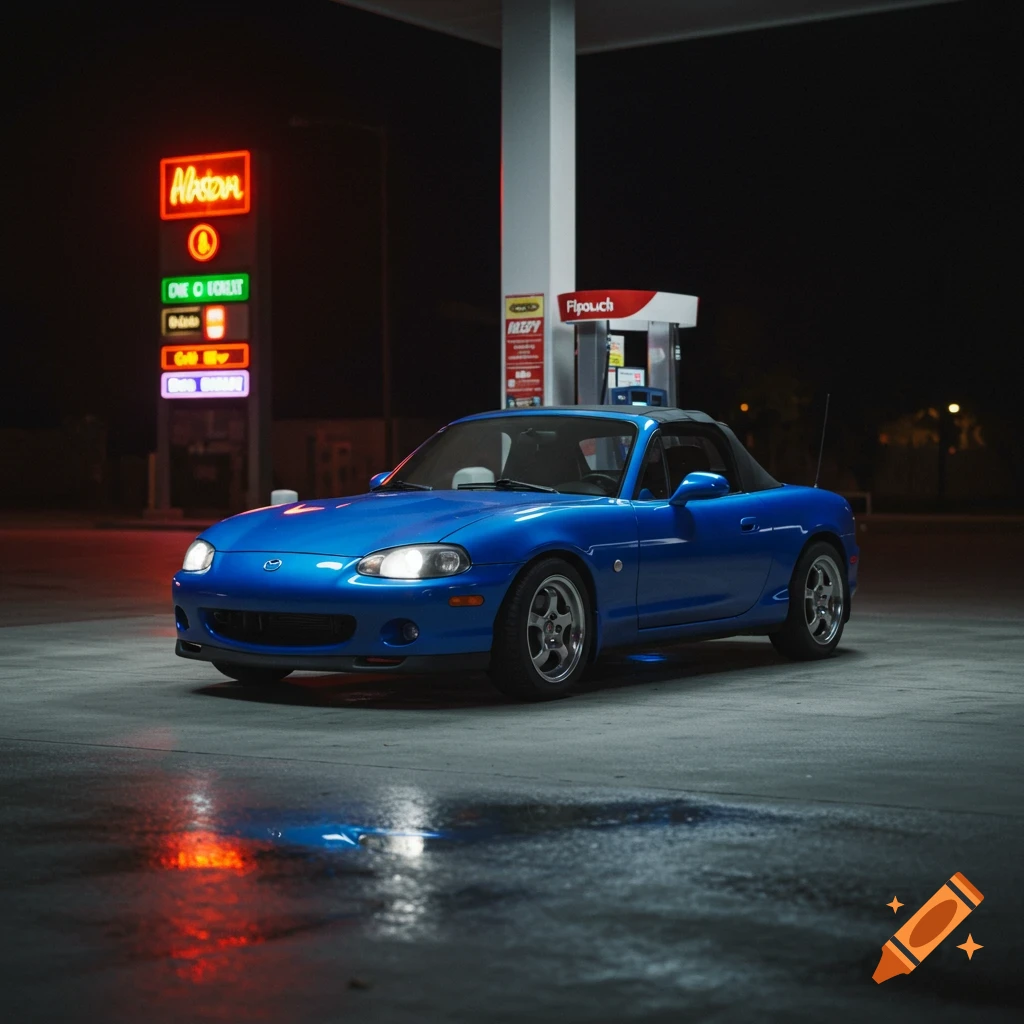 A blue Mazda Miata parked at a gas station at night, illuminated by neon signs and reflected light on the wet ground.