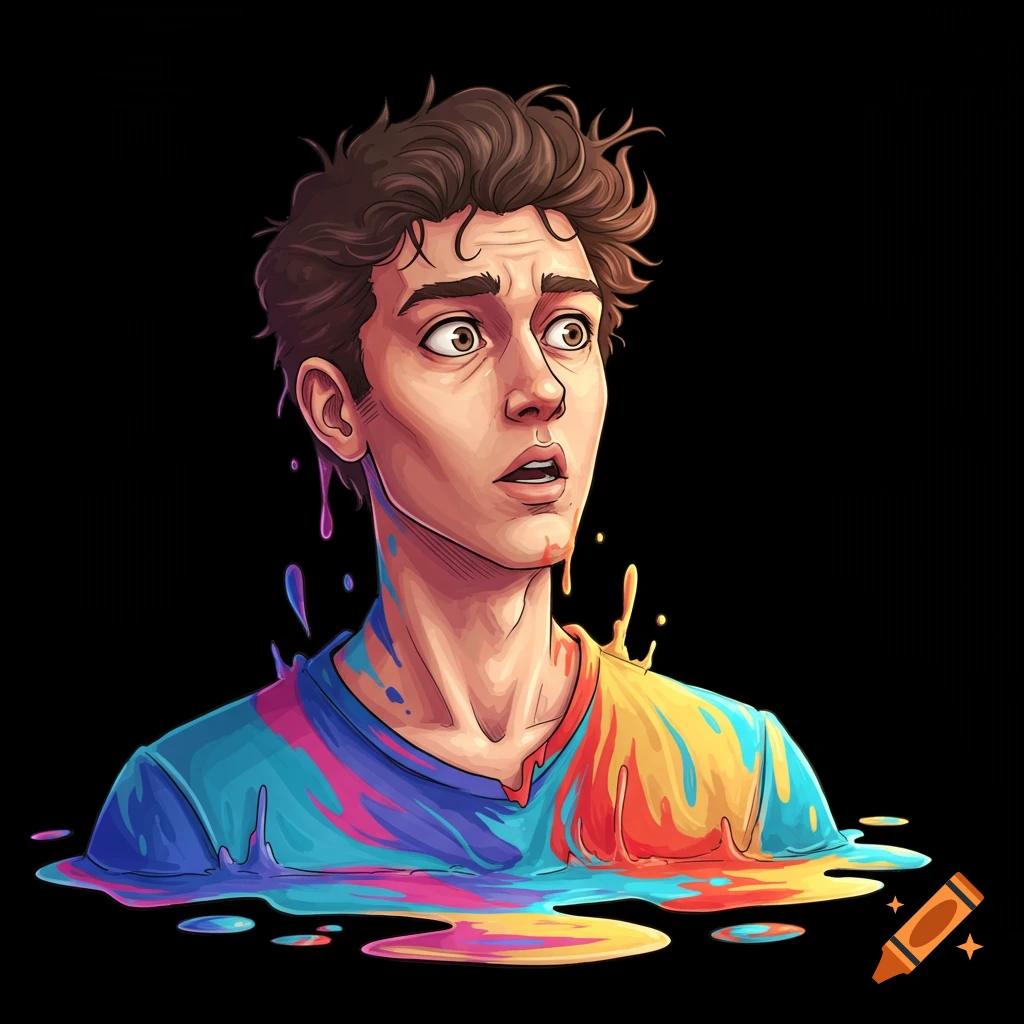 Digital illustration of a surprised person melting into colorful paint against a black background.
