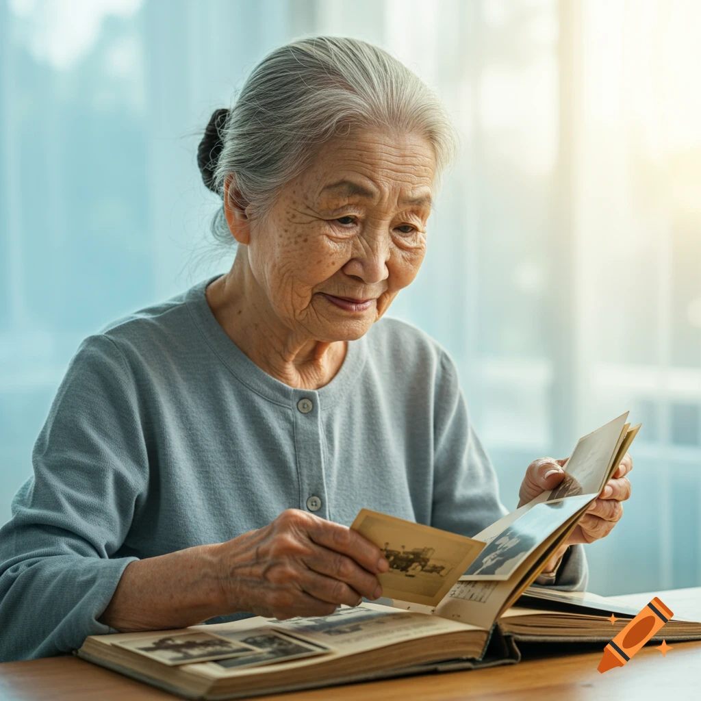 An elderly woman smiles while looking through an old photo album.