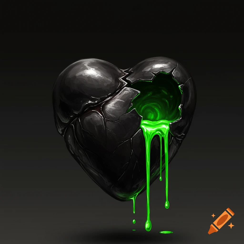 A black cracked heart with green liquid dripping out.