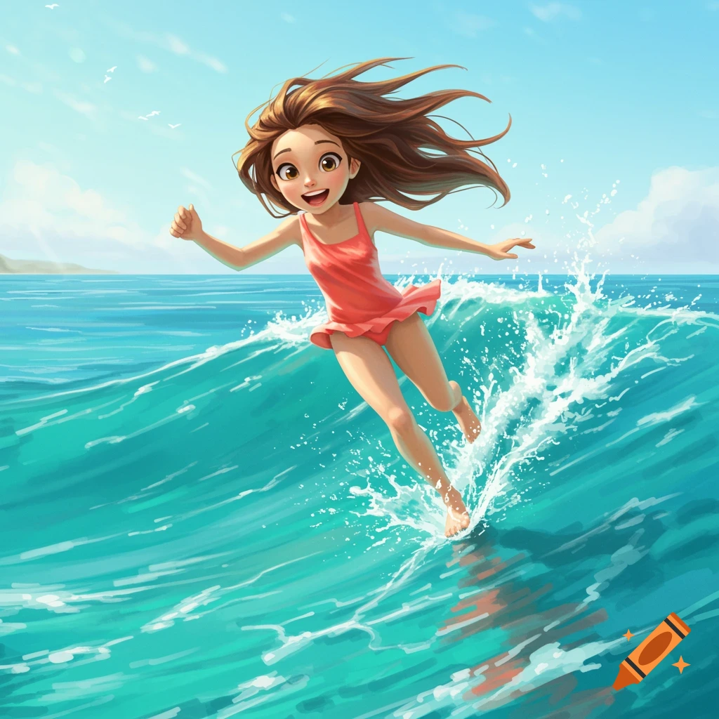 Young girl running on a wave at the beach.