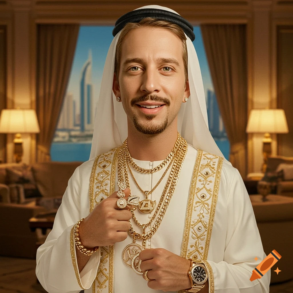 A man in a traditional white garment and headscarf wears layers of heavy gold jewelry in a lavish room with a view of a city skyline.