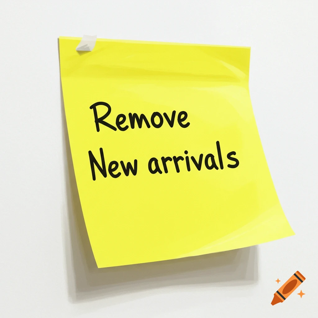 A yellow sticky note with 'Remove New arrivals' written on it stuck to a wall.