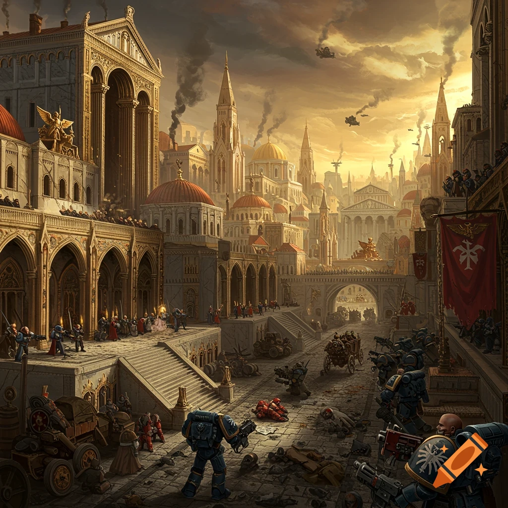 A battle is raging in a futuristic city, featuring Warhammer 40k Space Marines.