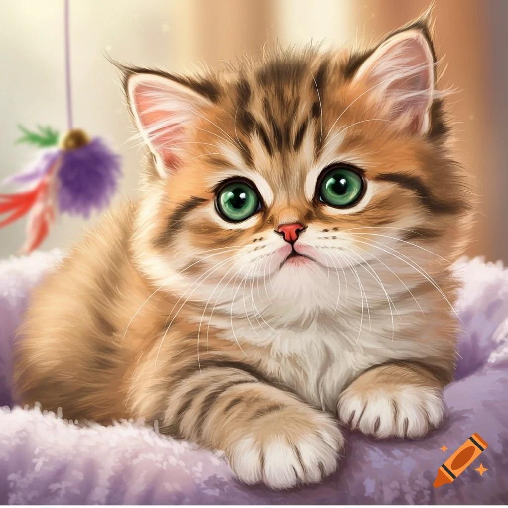 A cute fluffy kitten with big green eyes is sitting in a soft purple bed.