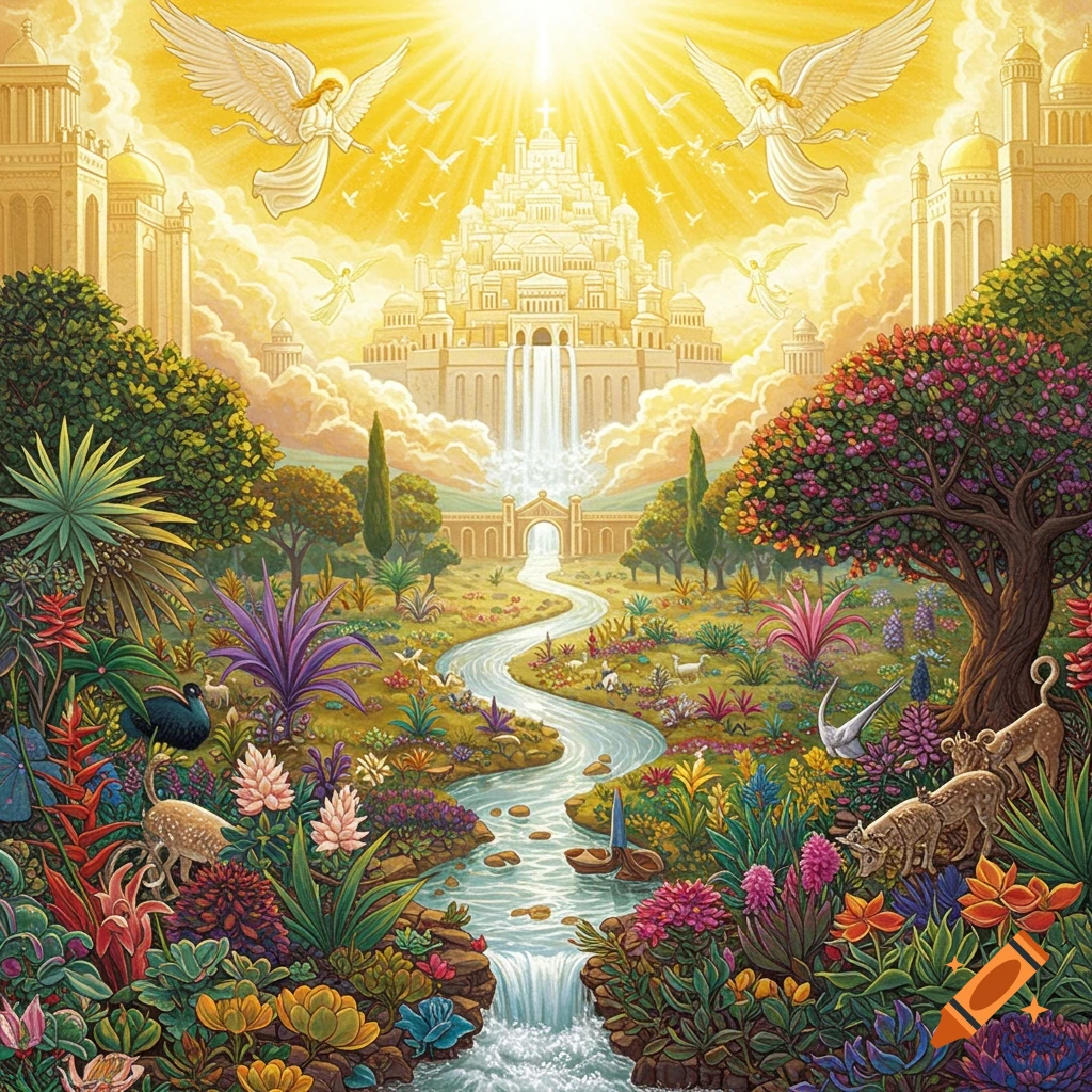 A vibrant depiction of a celestial city bathed in sunlight, with angels flying above a river flowing through a lush, abundant garden.