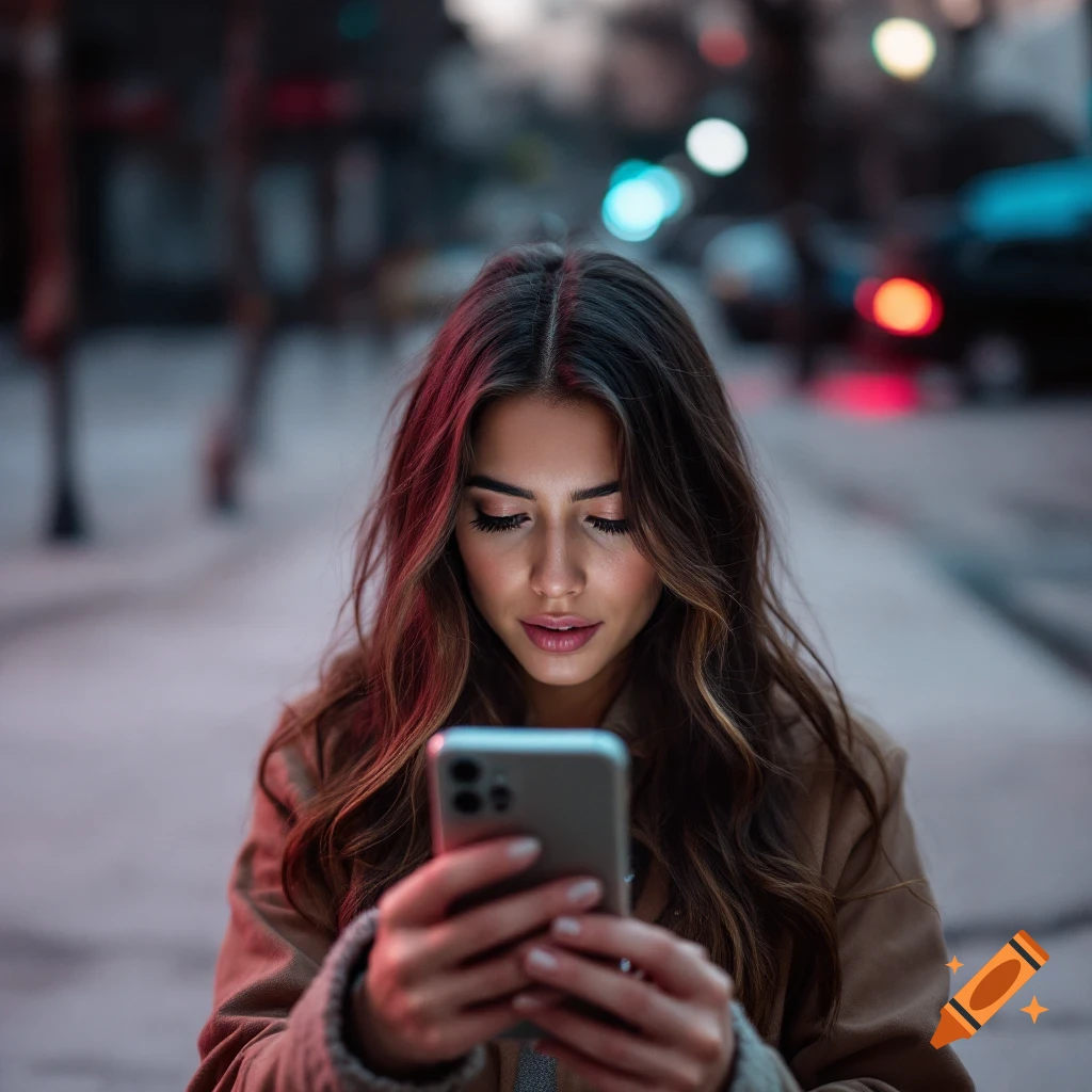 Young woman looks at her smartphone on a city street at night.