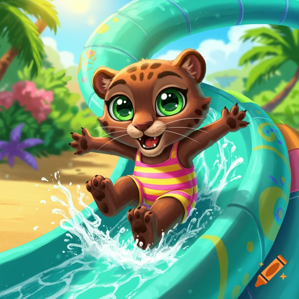 Cute cartoon panther in a swimsuit sliding down a waterslide in a tropical setting.