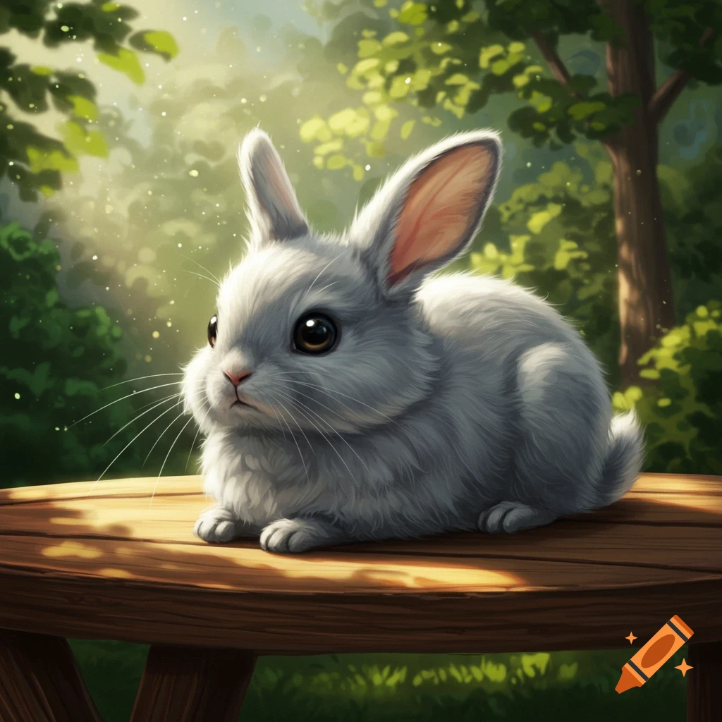 A cute gray rabbit sits on a wooden table in a sunlit forest clearing.