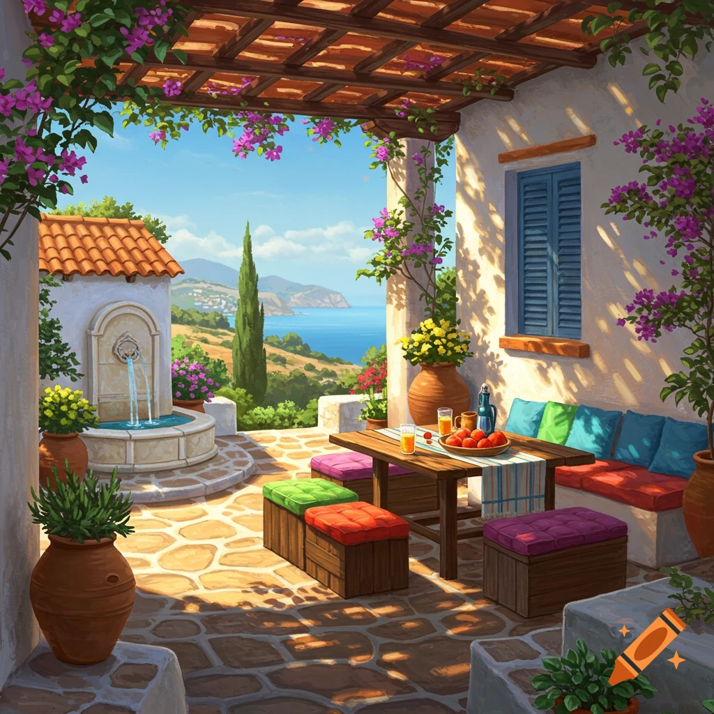 A Mediterranean patio overlooking the sea, with a fountain, table, and seating.