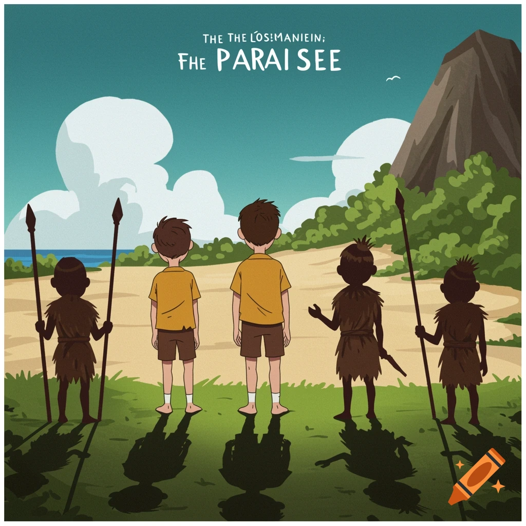 Cartoon illustration of boys on an island. Three boys in clothes face away; their shadows are figures with spears. A mountain and beach are visible.