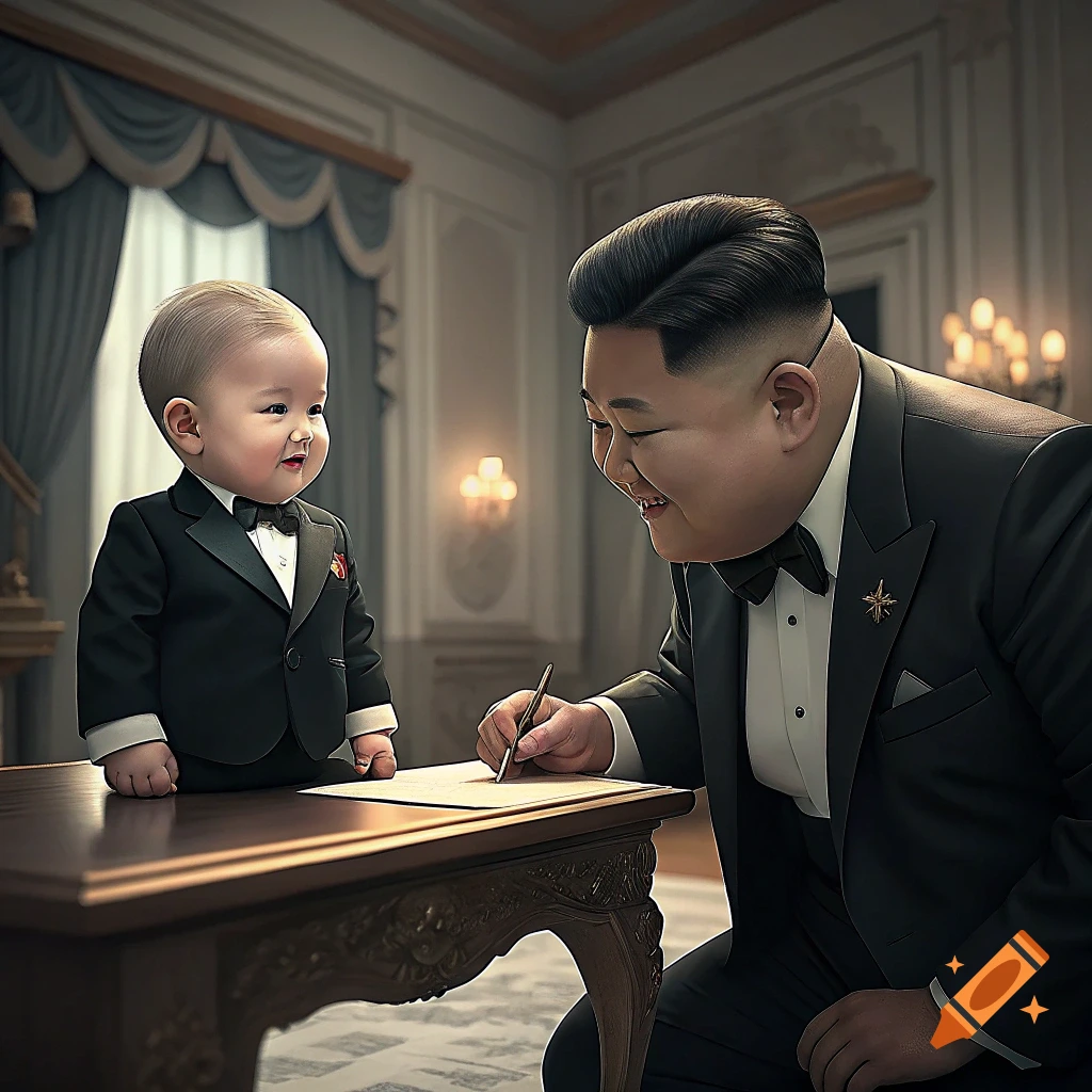 A baby in a suit stands on a table looking at a person resembling Kim Jong Un in a suit signing a document.
