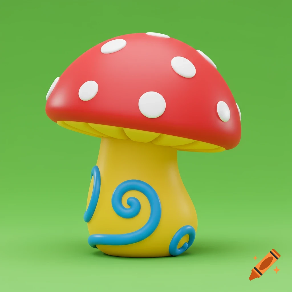 A cartoonish mushroom with a red cap, white spots, yellow stem, and blue swirls, on a green background.