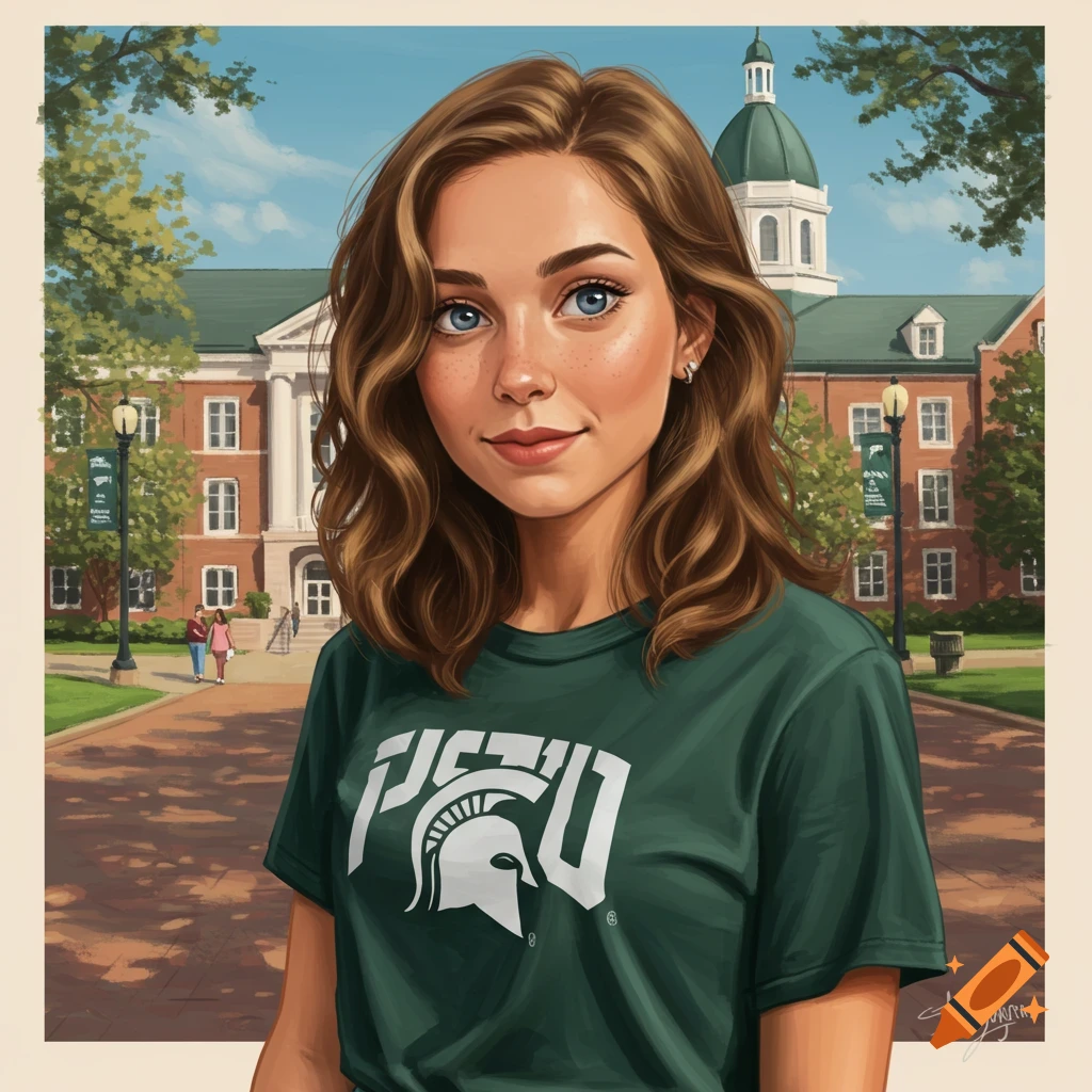 A young woman in a green shirt with a university logo, standing on a college campus.