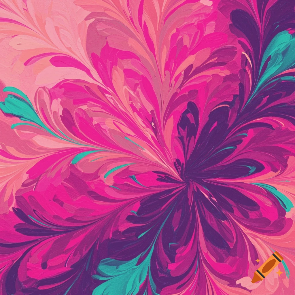 Abstract with swirling floral shapes in pink, purple, and teal.