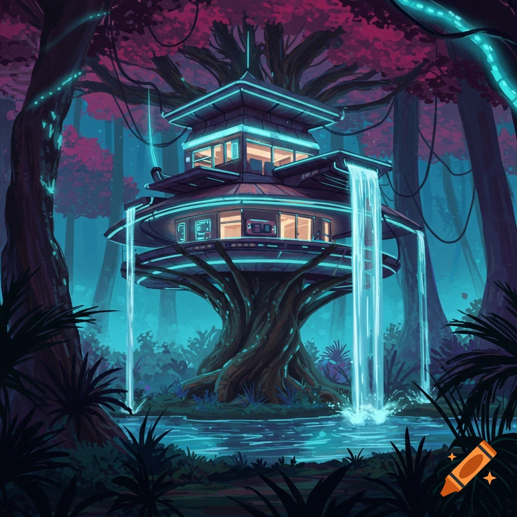 A futuristic treehouse with glowing blue accents and waterfalls in a dark forest.