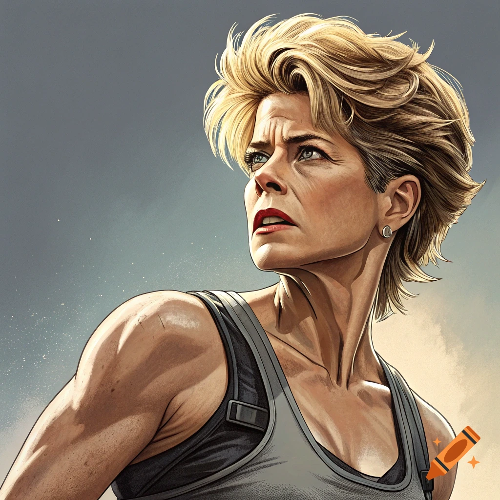 Illustrative portrait of a woman with short blond hair looking up