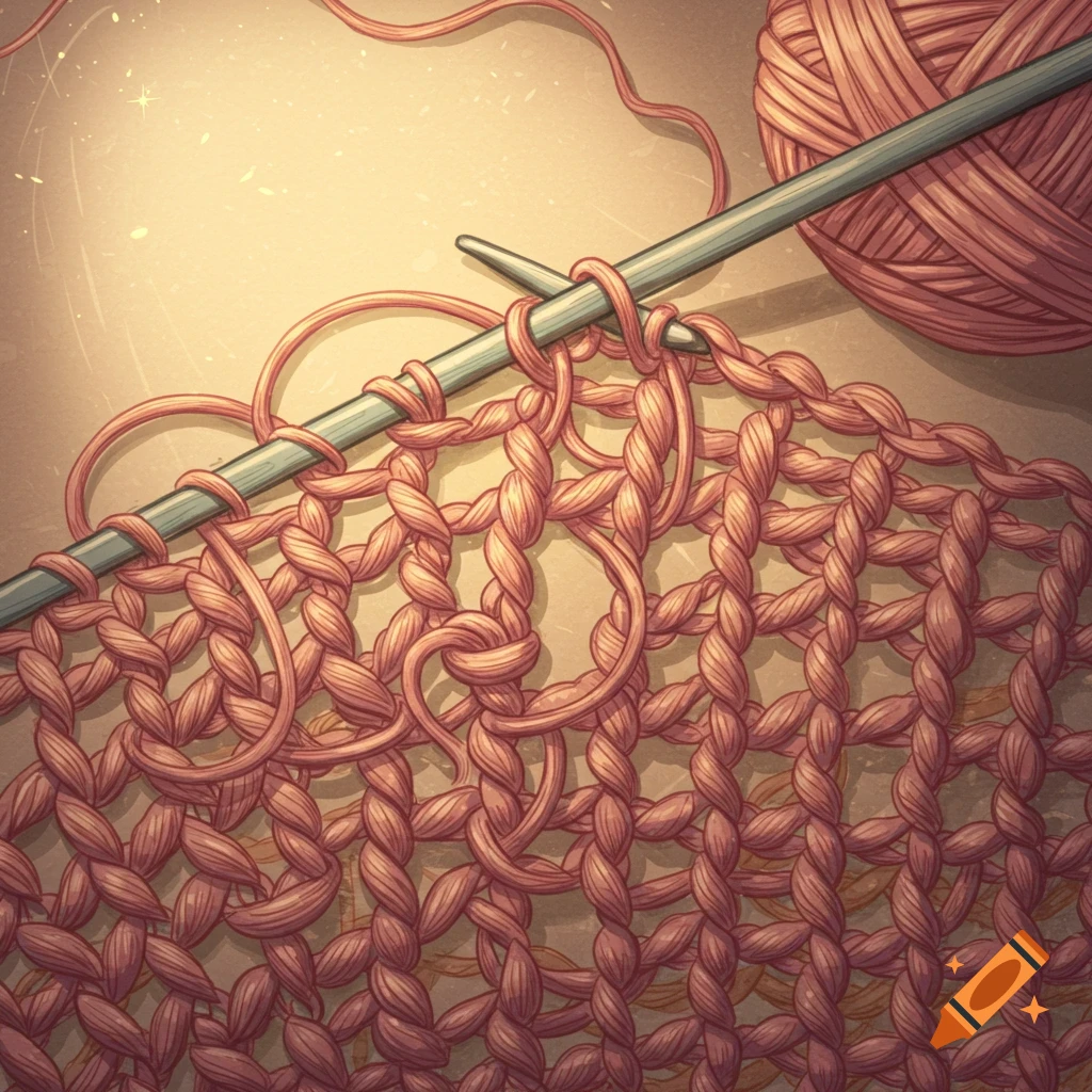 Close-up illustration of knitting on a needle with a ball of yarn.