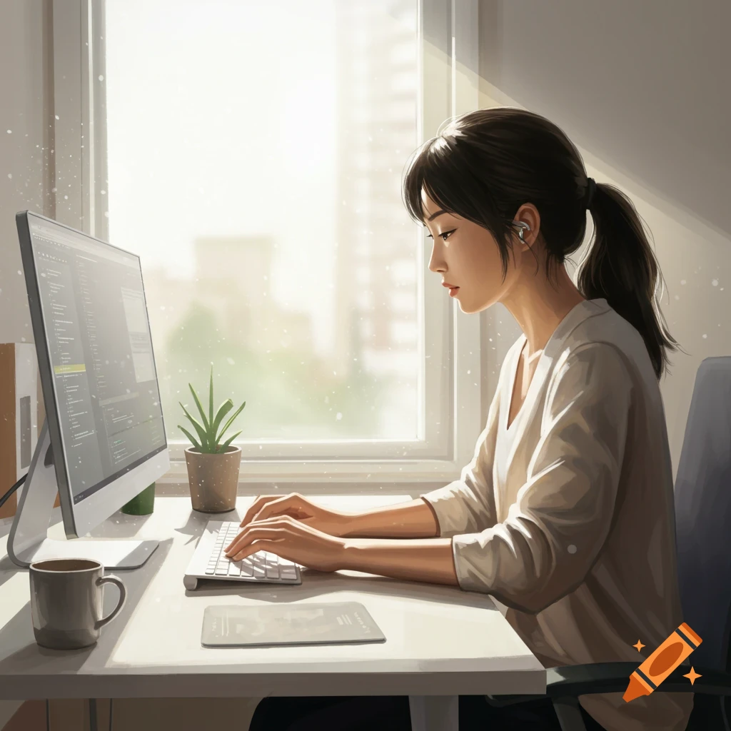 A woman working on a computer at a desk by a sunny window.