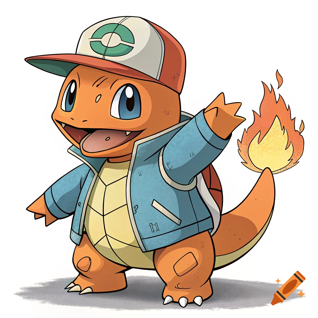 Illustration of the Pokemon Charmander wearing a baseball cap and blue jacket