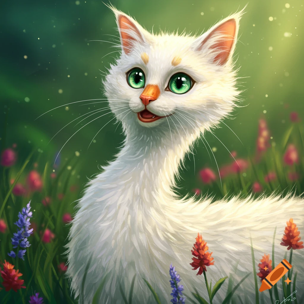 A stylized white cat with green eyes sits in a field of red and purple flowers.