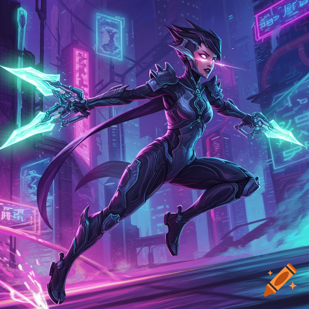 A futuristic character with blades jumps through a neon cyberpunk city.