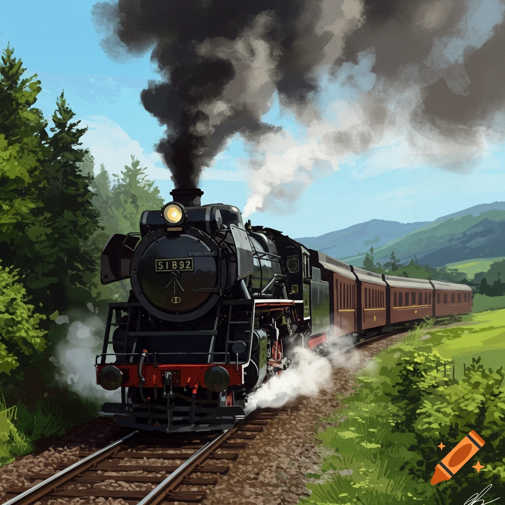A steam train pulls carriages through a green valley.