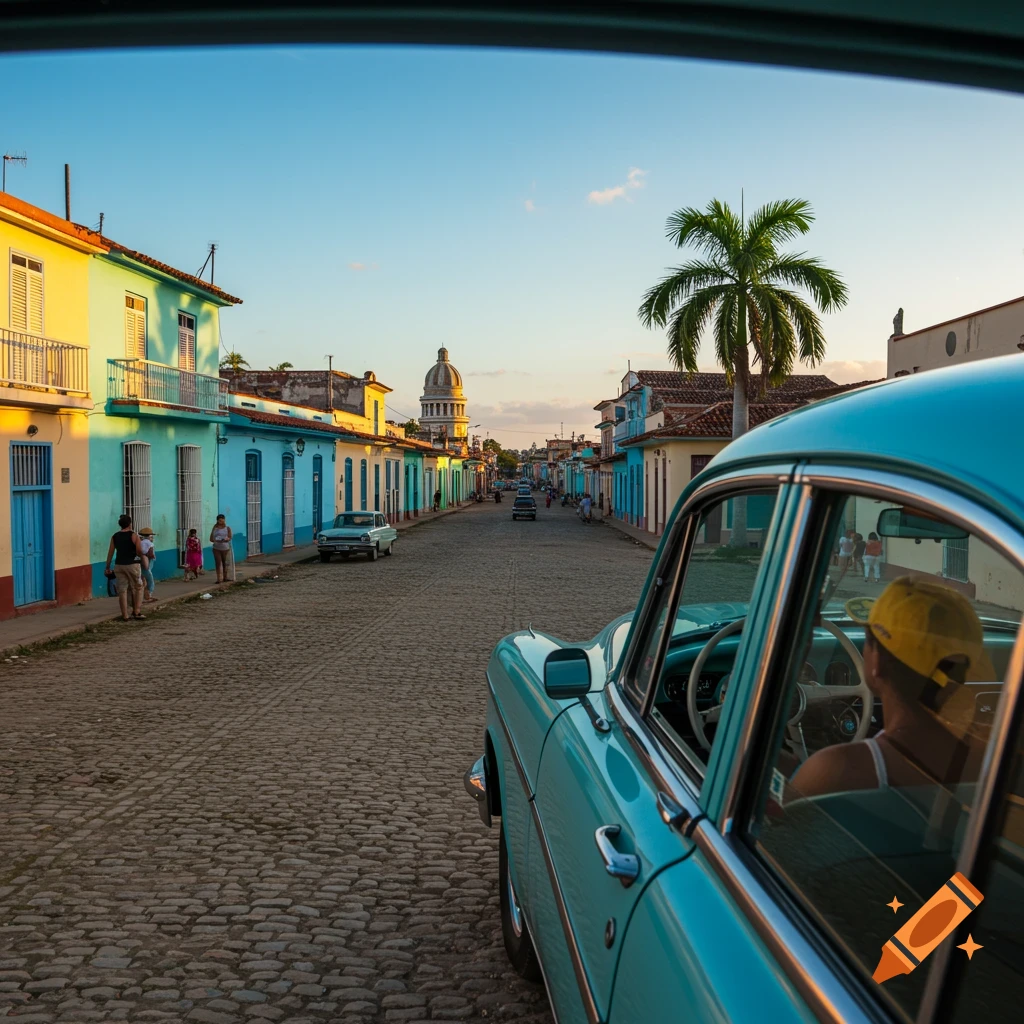 View from inside a classic blue car looking down a cobblestone street in Cuba with colorful buildings and other cars.
