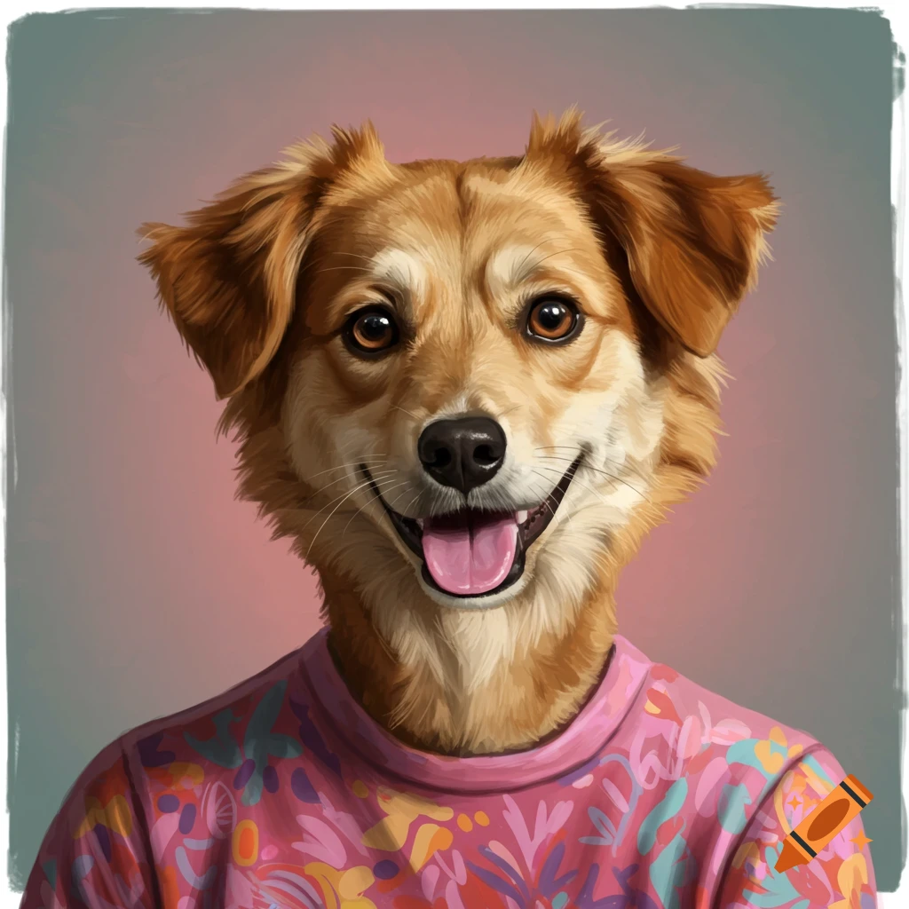 A happy dog wearing a pink patterned shirt.
