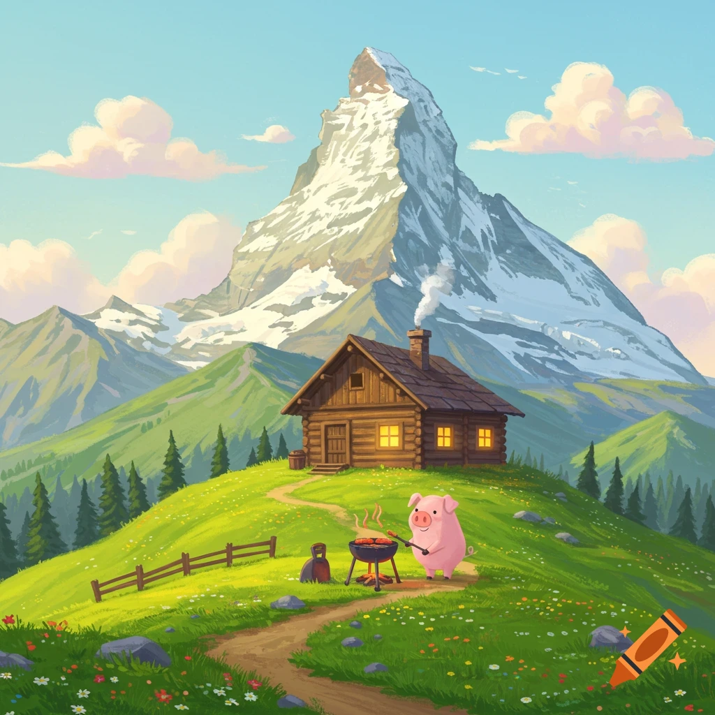 A cartoon pig grills food outside a cabin on a grassy hill with a large snowy mountain in the background.