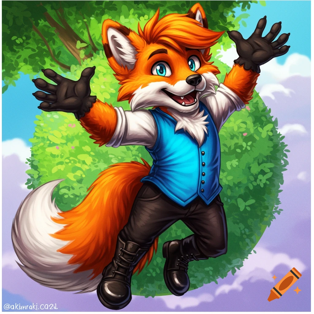 A furry fox in a vest jumps in the air against a leafy background.