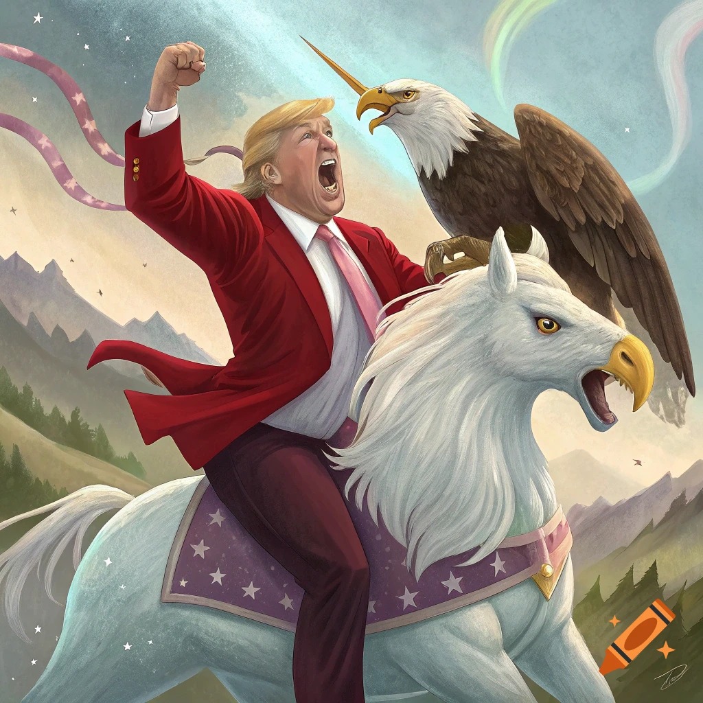 Illustration of Donald Trump punching a bald eagle while riding a white unicorn-like creature over mountains.