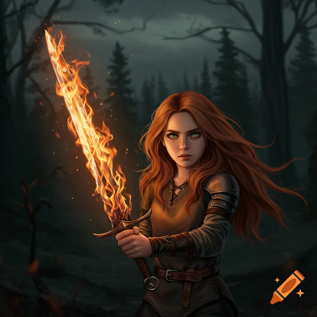 A girl with red hair holding a flaming sword in a dark forest.