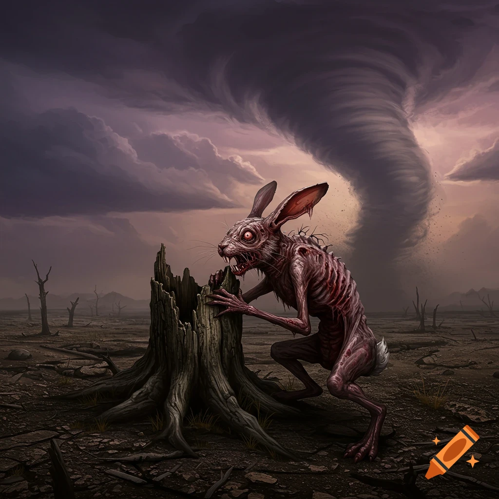 A gaunt rabid rabbit is beside a tree stump in a wasteland with a tornado.