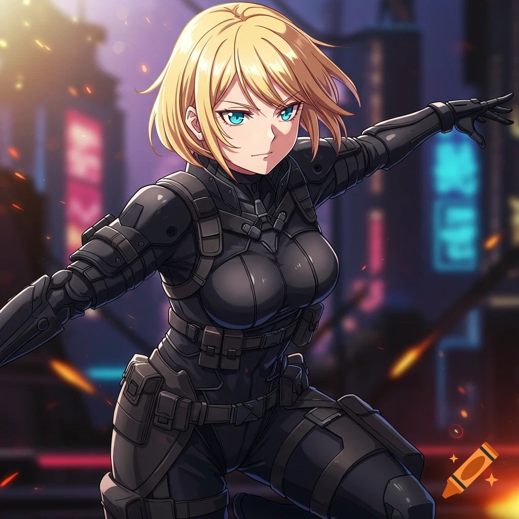 Anime girl with blonde hair and blue eyes in black tactical suit in city