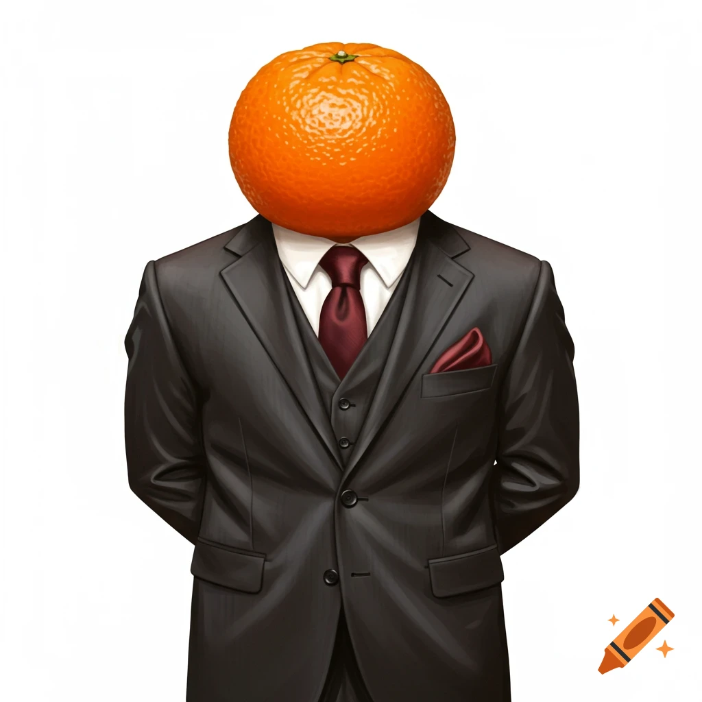 A person in a suit with an orange for a head.