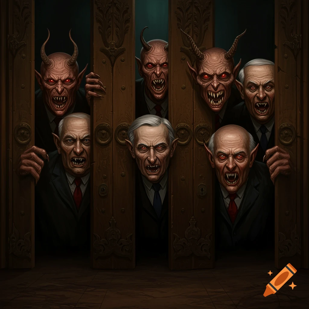 Grotesque, demonic figures with glowing red eyes and sharp teeth peer through dark, ornate wooden doors in a gothic style.