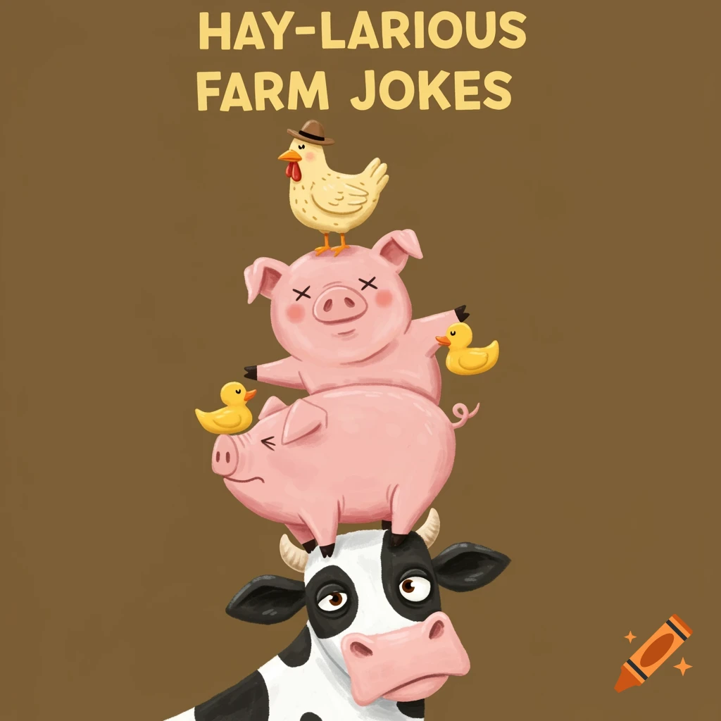 Cartoon farm animals stacked: cow, pig with ducks, chicken on top, with 'Hay-larious Farm Jokes' text