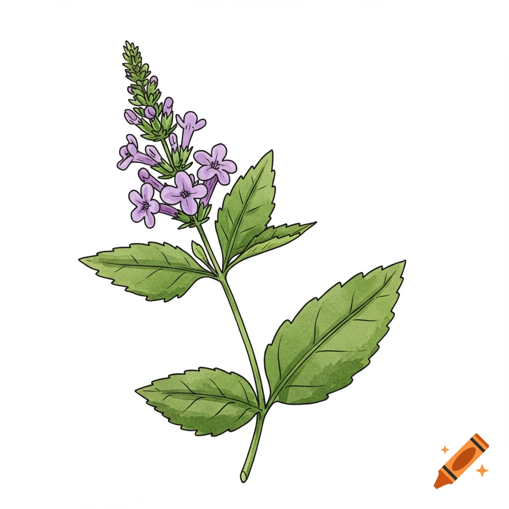 Watercolor illustration of a wild bergamot plant with purple flowers and green leaves on a white background.